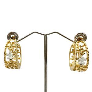 Vintage Gold-Tone Filigree Hoop Earrings With White Floral Accents 1 inch Dia